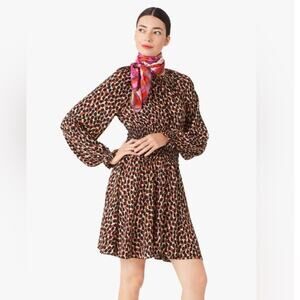 Kate Spade Dotty Crepe Leopard Spin Balloon Sleeve Smocked Mini Dress S